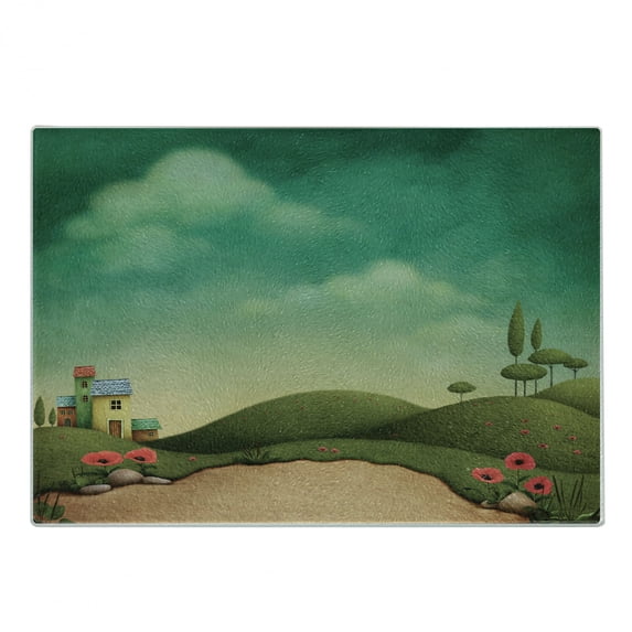 Mural Cutting Board, Abandoned Village of 4 Houses Behind the Hills and Poppy Flowers on a Cloudy Day, Decorative Tempered Glass Cutting and Serving Board, Small Size, Multicolor, by Ambesonne