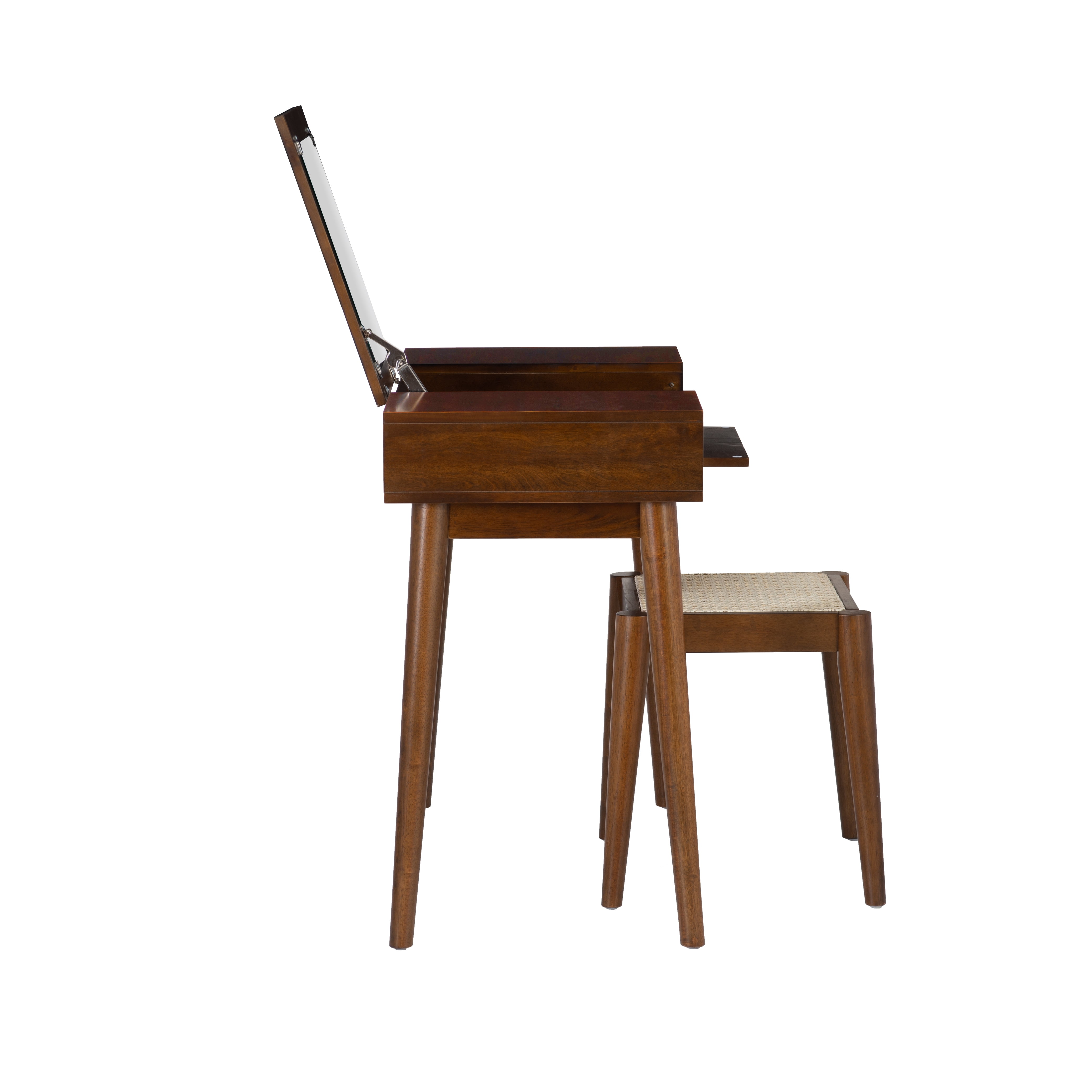 Linon Cassidie 2-Piece Cane Front Vanity Set with Mirror and Stool, Walnut