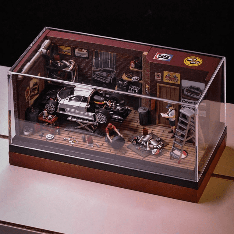 1/64 Scale Auto Repair Garage Diorama with LED Lighting, Miniature