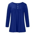 thumbnail image 3 of Pntutb Womens Clearance Solid Round Neck Button Pleated Pullover Long Sleeve Top Blouse Blue L, 3 of 5