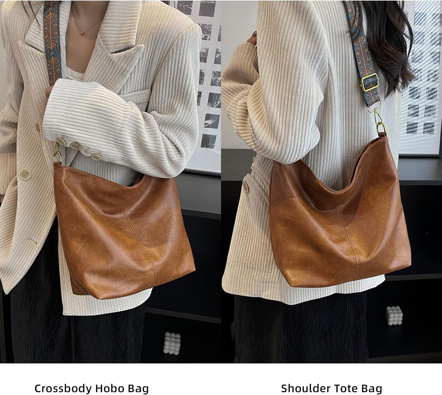 LinYooLi Hobo Bags for Women Crossbody Handbags Guitar Strap Shoulder Bucket Bag Vegan Leather Purse Trendy Boho Tote Purses