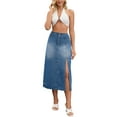 thumbnail image 2 of Falda de mezclilla para mujer INSPIRE CHIC, falda lápiz elástica de línea A con abertura lateral, falda de jeans de cintura alta, M azul, 2 of 6
