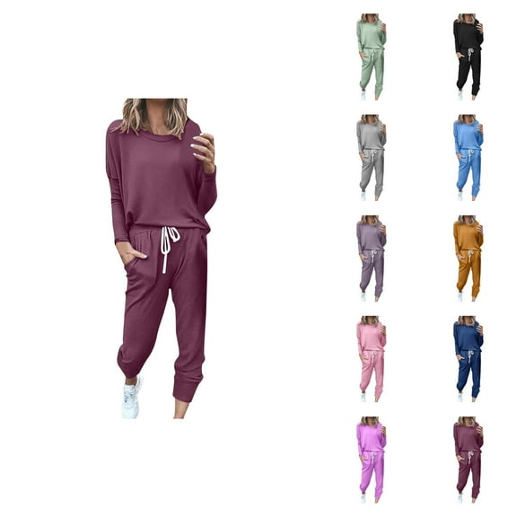 Women Long Sleeve Color Block Patchwork Crewneck T Shirt Top Blouse And Long Pants Leggings Casual Outfit Set Summer Pants Women