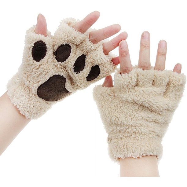 Guantes de pata de gato sin dedos, de piel sintética y felpa, cálidos guantes de medio dedo para invierno, bonitos guantes de cosplay con pata de gato, guantes de felpa peludos para mujeres y niñas.