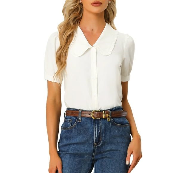 INSPIRE CHIC Women's Blouse Peter Pan Collar Puff Short Sleeve Retro Top L Cream White