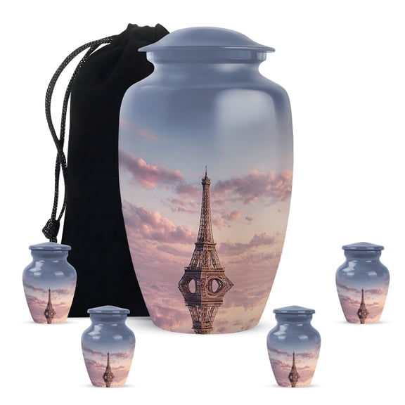 Eiffel Tower Funeral Cremation Urns For Adult, Clouds Small Keepsake Urns For Human Ashes Sets 4, Blue Urn For Mother, 1 Large Decorative Urn For Human Ashes Adult Male, 10&3 Inch