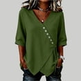 thumbnail image 4 of Qulqfy Cotton Linen Shirts for Women Fall Solid Casual 3/4 Sleeve Green Asymmetrical Hem V-Neck Tie Fashion Button Tshirts L, 4 of 6
