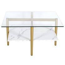 Evelyn&Zoe Otto 32" Wide Square Coffee Table with Faux Marble Shelf, Brass