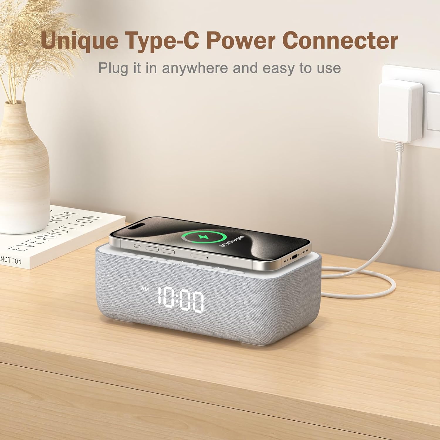 15W Fast Wireless Charging Alarm Clock with White Noise  for Bedroom & Office