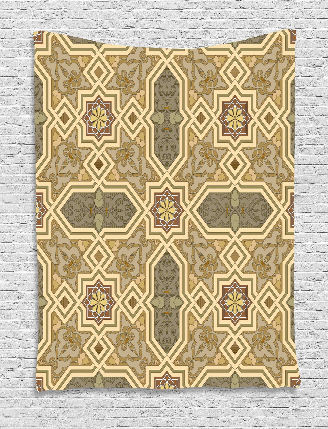 Ethnic Tapestry Oriental Composition With Middle Eastern Traditional Elements Geometric Wall Hanging For Bedroom Living Room Dorm Decor Pale Brown