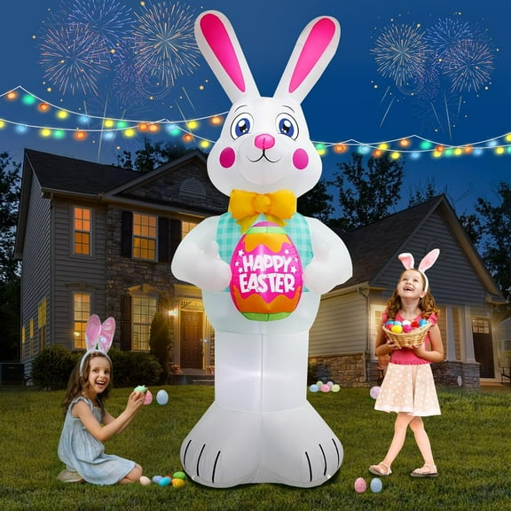 10FT Easter Inflatables Bunny Holding Easter Egg Decoration, Easter Blow up Yard Decoration White Rabbit Inflatable Built-in 3 LED for Easter Party Holiday Indoor Outdoor Yard Garden Decor