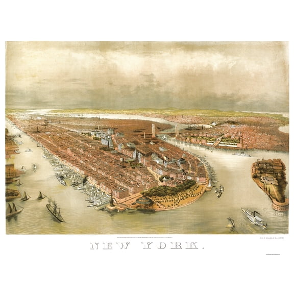 Historic Panoramic View - New York - Currier 1874 - Vintage Wall Art