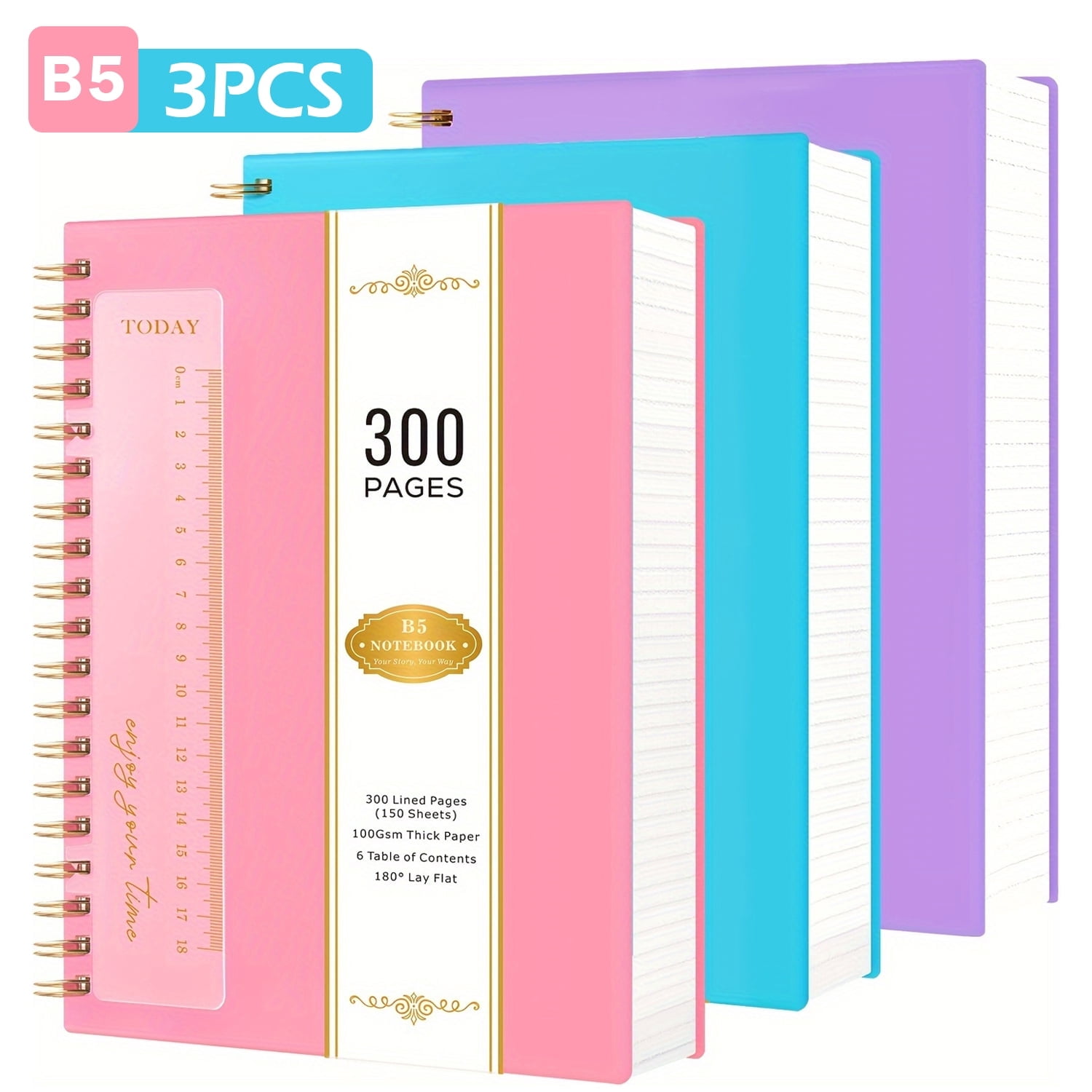 ROBCURSE 3 Pack B5 Spiral Journal Notebook, 300 Pages College Ruled Notebook for Women/Men, 100GSM Thick Paper, PVC Waterproof Cover, 7.5" X 10.2", Hardcover Notepad for School, Work, Travel, Home