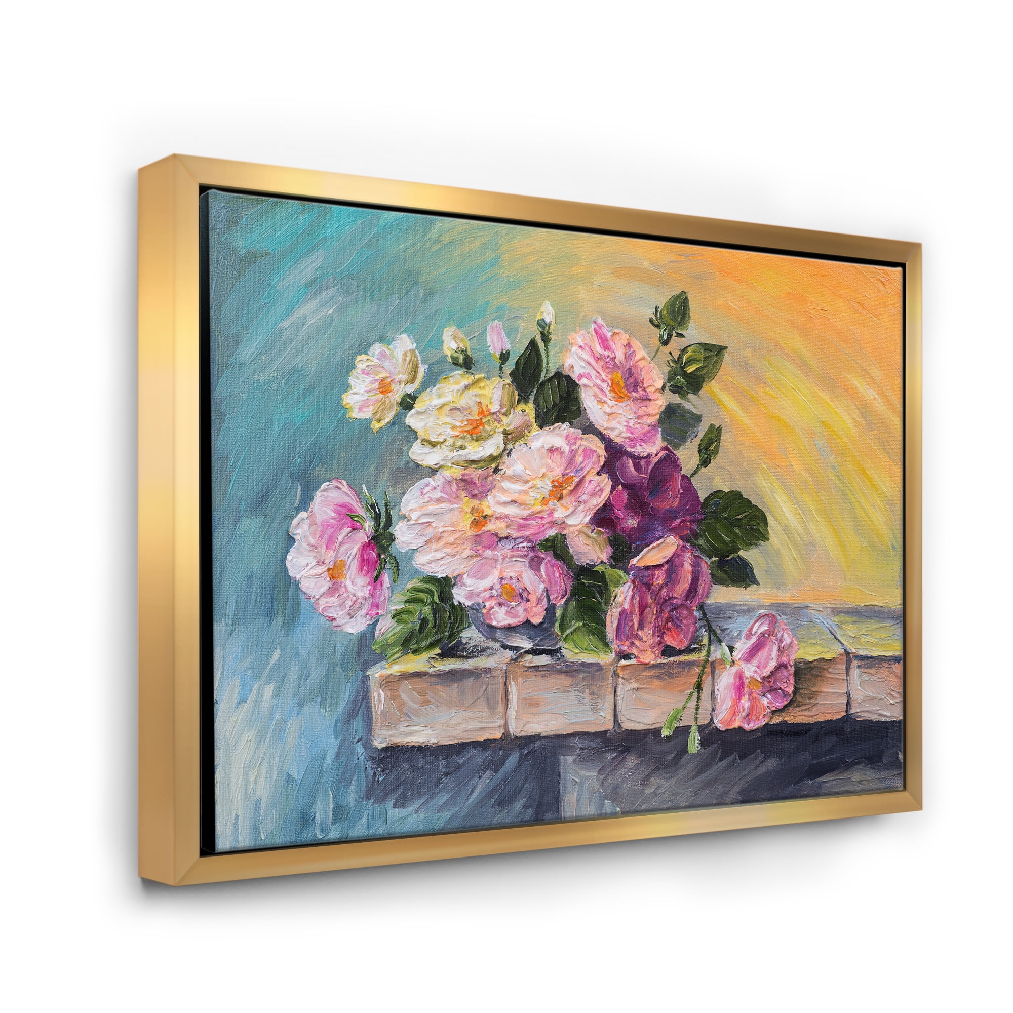 Still Life With Bouquet Of Pink Flowers 20 in x 12 in Framed Painting Canvas Art Print, by Designart