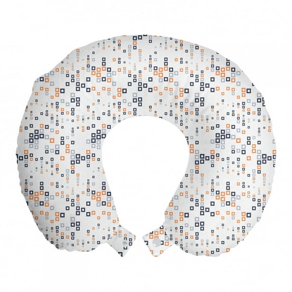 Geometric Travel Pillow Neck Rest, Digital Hightech Style Fractal Square in Various Size Urban, Memory Foam Traveling Accessory Airplane and Car, 12", Pale Orange Dark Blue, by Ambesonne
