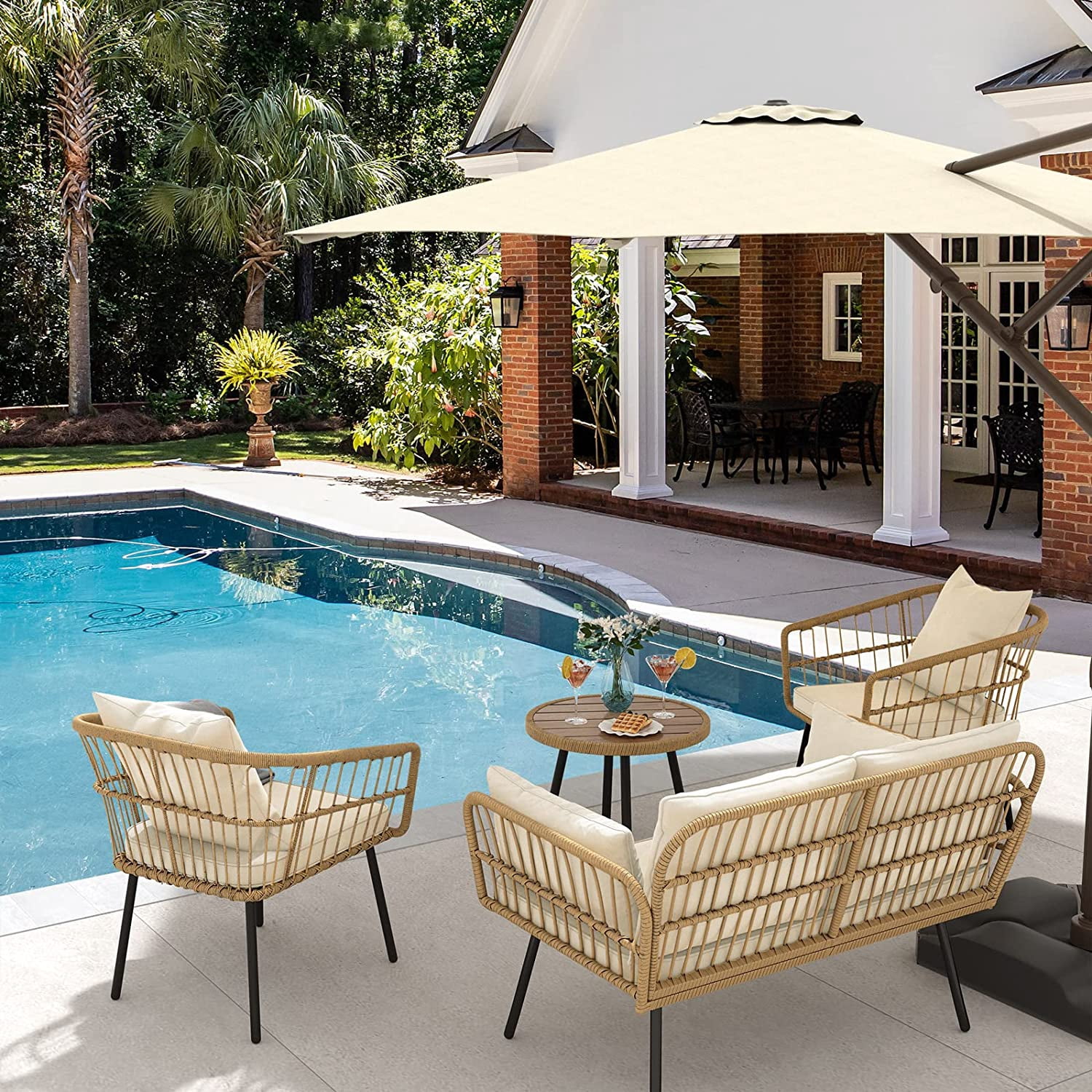 DEXTRUS Outdoor Patio Furniture Set 4 Pieces PE Rattan Wicker Sofa Set w/ Dining Table for Backyard, Pool, Deck, Garden - Beige