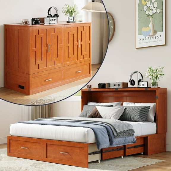 ijuicy Murphy Bed with Charging Station and Storage Drawer, Solid Wood Cabinet Bed Queen Size with Mattress, Cube Chest Bed for Guest Room/Office-Cherry
