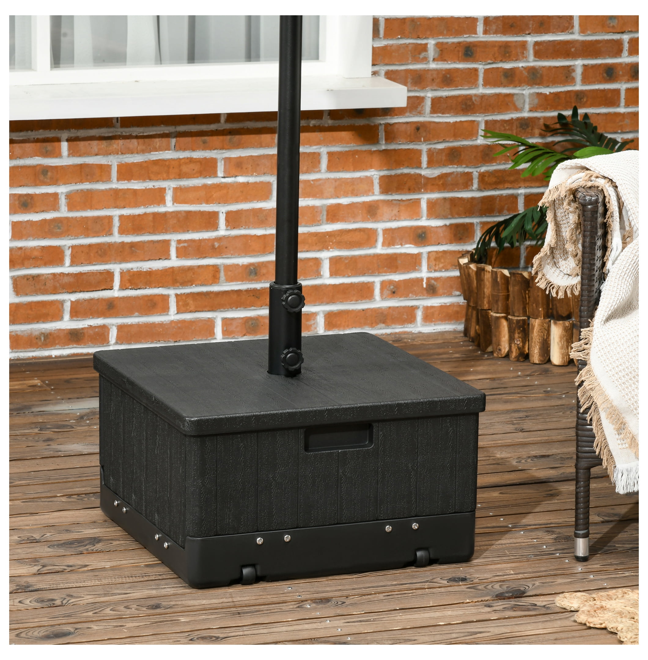 3-in-1 Outdoor Umbrella Base, Coffee End Table, Flower Box Planter, 175lbs Capacity Patio Umbrella Stand Table with Wheels and Handles, Black