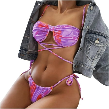 HTNBO Thong Bikini Swimsuit for Women Sexy Split Swimsuits Purple L