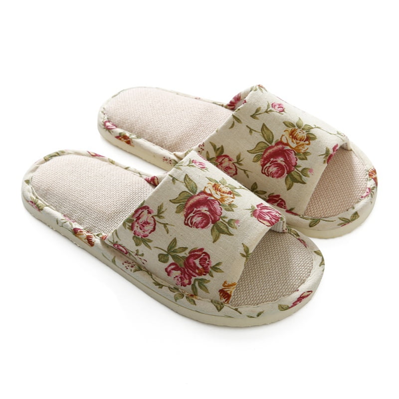 Home Slippers For Women Men Linen Indoor Unisex Soft Open Toe Print