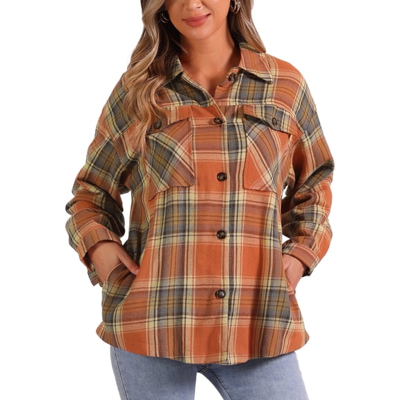 INSPIRE CHIC Women's Casual Drop Shoulder Loose Plaids Shirt Orange XS