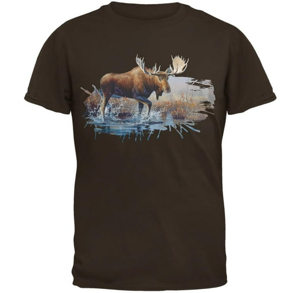 Moose Crossing the River Mens T Shirt Brown MD