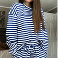thumbnail image 4 of Women's Striped Long-Sleeve Top & High-Waisted Pants Fashion Casual Set, Modern and Flattering Outfit for Daily Wear,Blue,S, 4 of 5
