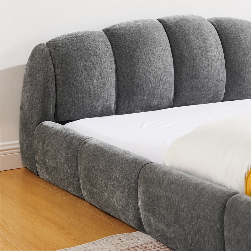 Queen/King Size Upholstered Platform Bed Frame, No Box Spring Required Low Profile Floor Bed with Padded Headboard & Footboard