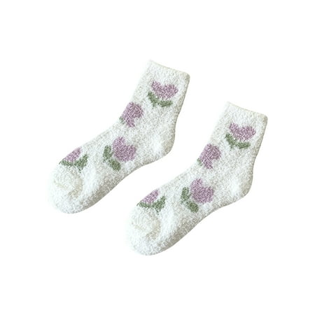 

QWERTYU Women s Warm Floral Causal Compression Fluffy Socks Winter Soft Fuzzy Socks White One Size