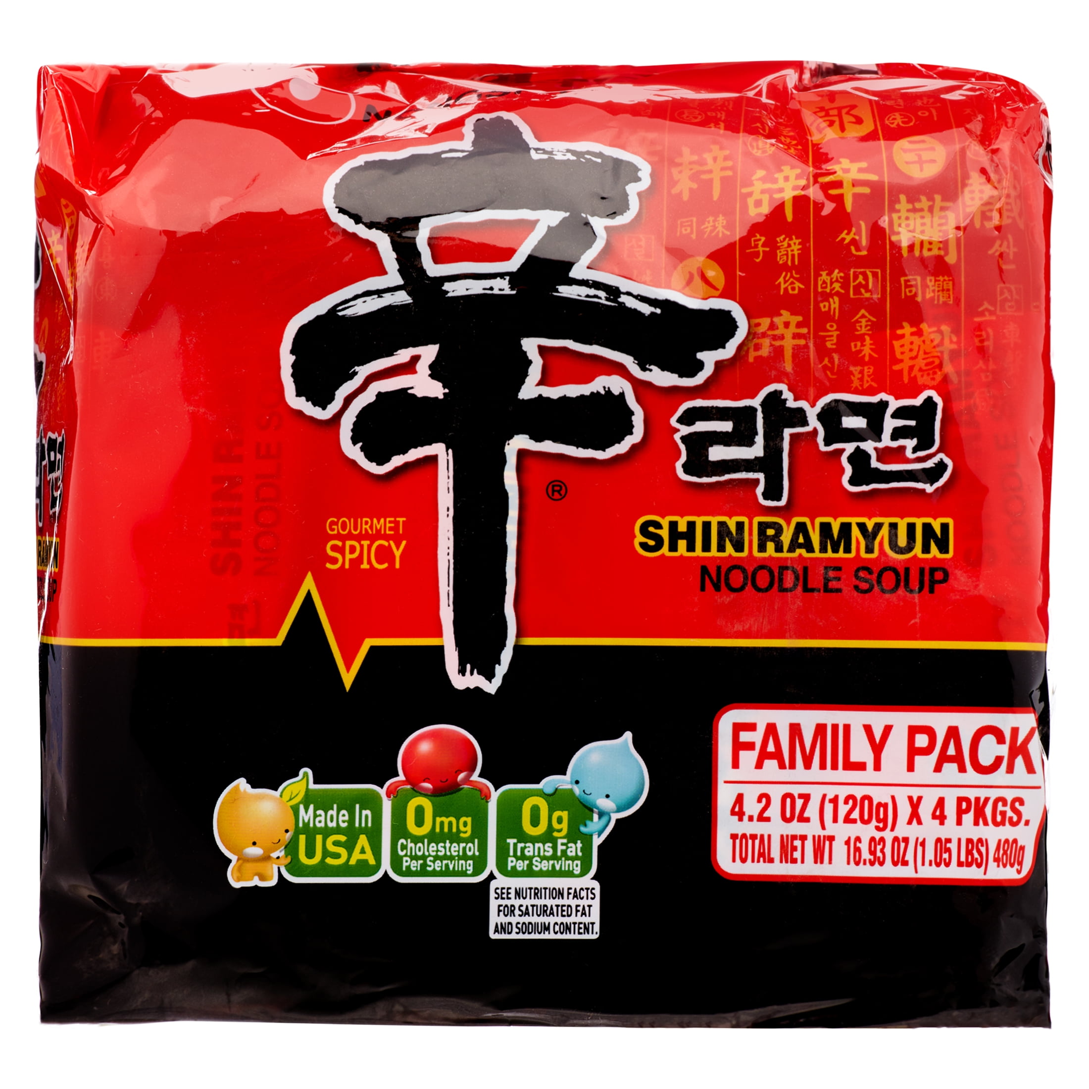Nongshim Shin Ramyun Spicy Beef Ramen Noodle Soup Pack, 4.02oz X 4 Count