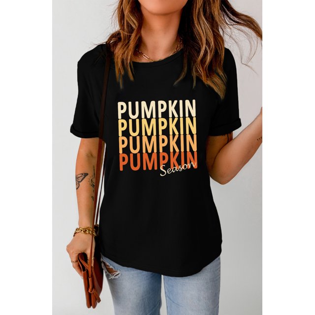 ABPHQTO Camiseta negra de manga corta con estampado de letras PUMPKIN SEASON para mujer