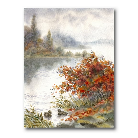 View Of The Lake In Autumn Colored 12 in x 8 in Painting Canvas Art Print, by Designart