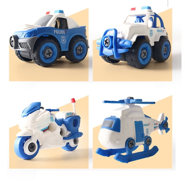 4 piezas de vehículo policial de juguete para niños, modelo de motocicleta, helicóptero, escolta, juguete ensamblado con destornillador