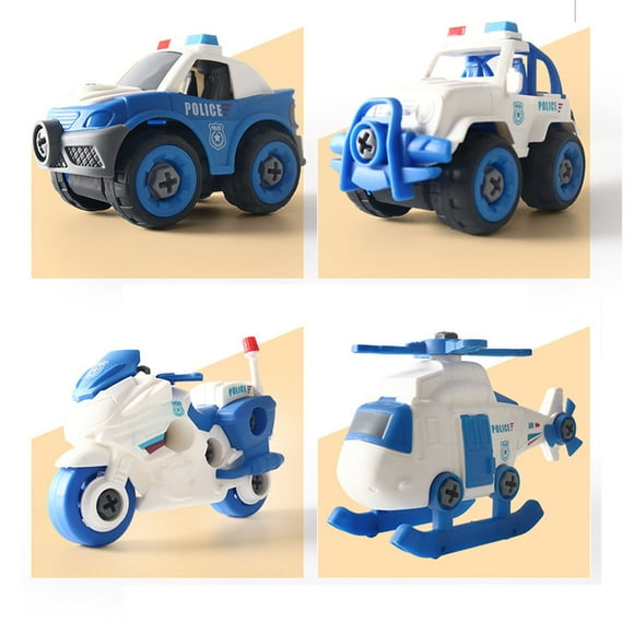 4 piezas de vehículo policial de juguete para niños, modelo de motocicleta, helicóptero, escolta, juguete ensamblado con destornillador