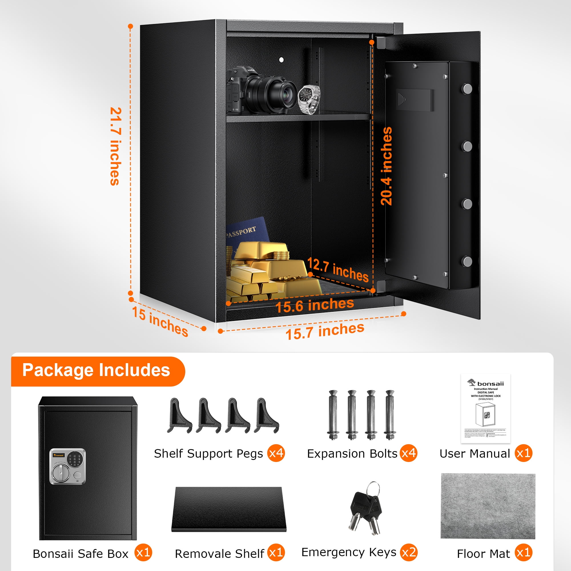 Bonsaii 2.5 Cubic Feet Safe Security Large Document Money Safe Box with Electronic Keypad & Removable Shelf