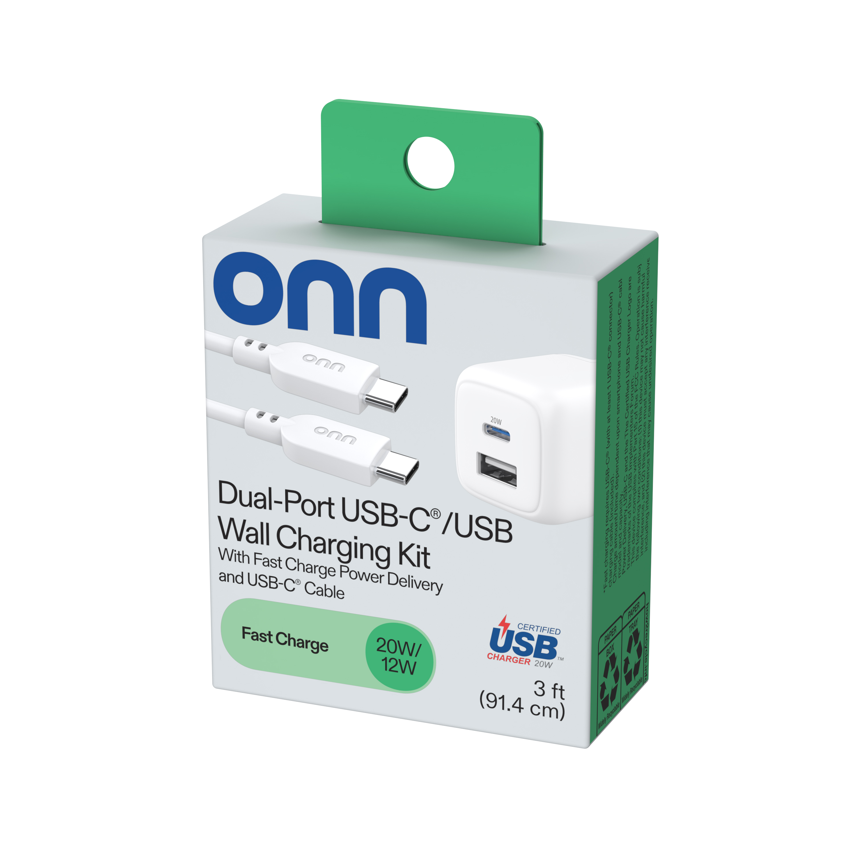Cargador de pared onn de 32W con puertos USB-C y USB-A, cable C-C de 3 pies, carga rápida, certificado USB-IF, enchufe plegable, blanco, compatible con iPhone 17/16/15, Galaxy, Pixel, iPad Pro y más 6