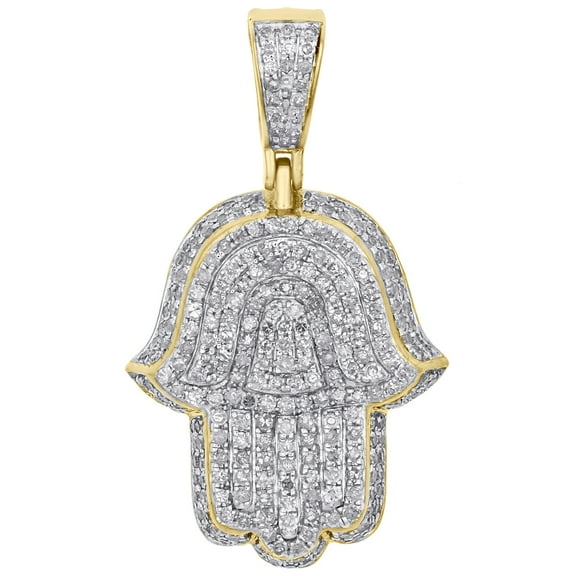 10K Yellow Gold Mens Diamond Pave 3D Hamsa Hand Pendant 1.35" Mini Charm 1.25 CT