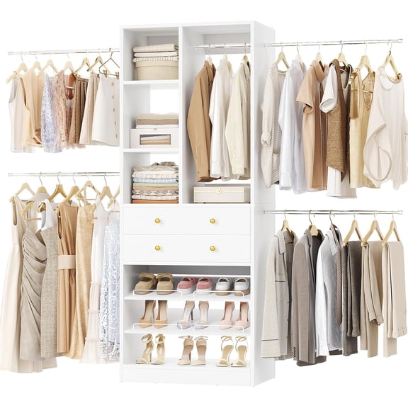 Closet System Organizer with 2 Wooden Drawers & Shelves, Walk-in Closet System with Hanging Rods, Built-in Closet Tower, Fits 60-96 inch, White