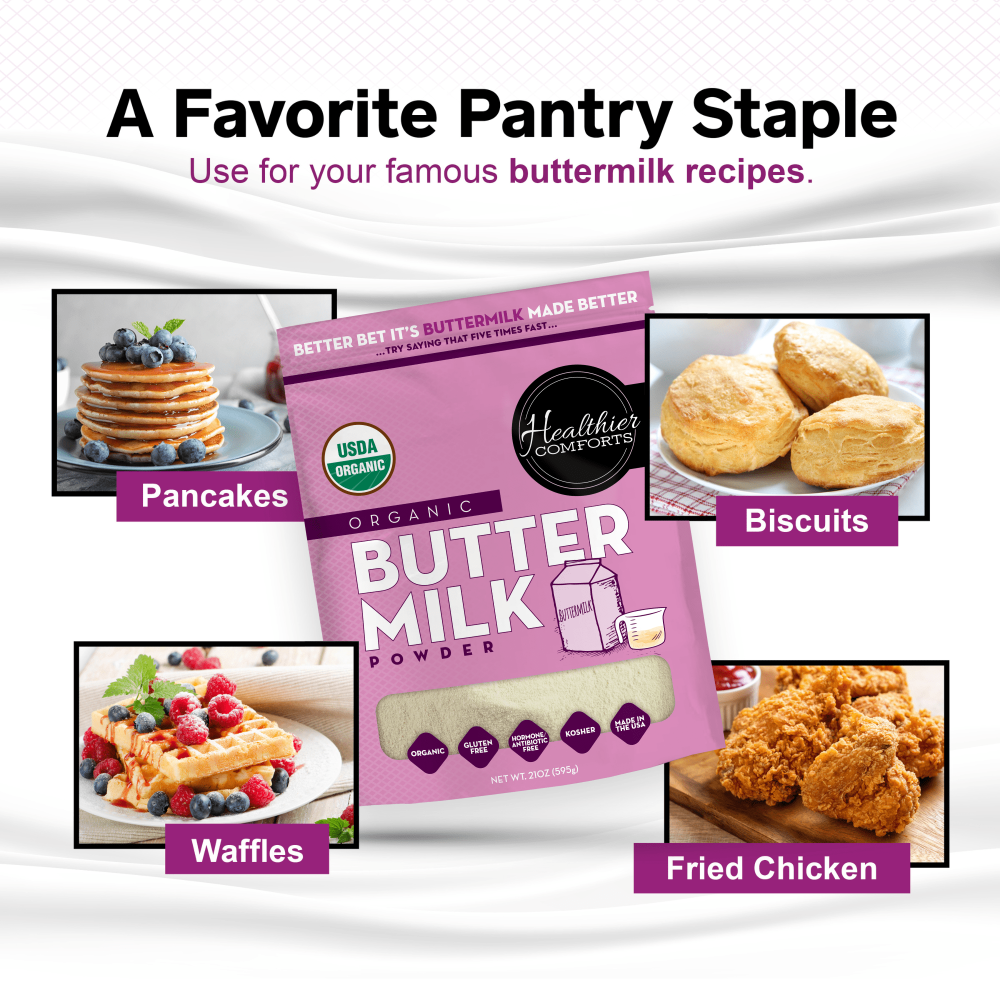 Healthier Comforts Organic Buttermilk Powder 21oz | USDA Certified, Kosher, Gluten Free, Non-GMO | Baking Supplies, Biscuits & Gravy, Mini Pancakes