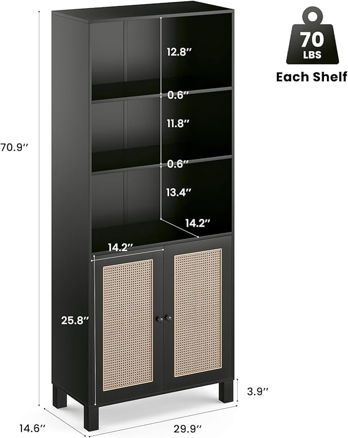 MAYEERTY 5-Shelf Bookcase with Rattan Doors, Tall Display Shelves for Home Office & Bedroom, Black