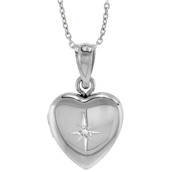 Very Tiny 1/2 inch Sterling Silver Diamond Heart Locket Necklace for Women 18 inch RL_30H