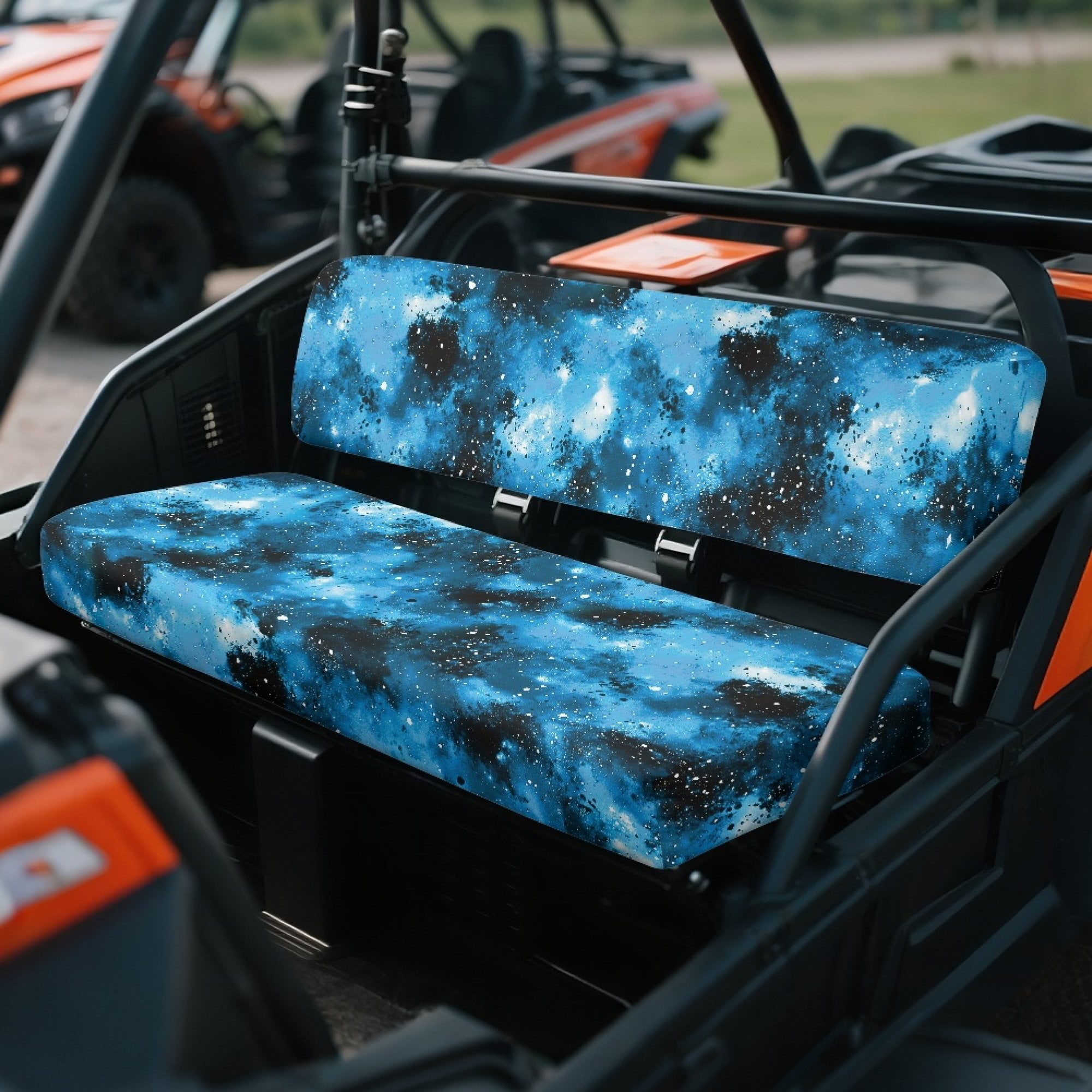 ZIATUBLES UTV Seat Covers 2 Pack, Waterproof Polyester Front Bench Seat Protectors Compatible with Kawasaki Mule 3000 4000, Fade Wear Resistant UTV Decor Accessory Part, Blue Black Abstract Tie-Dyed