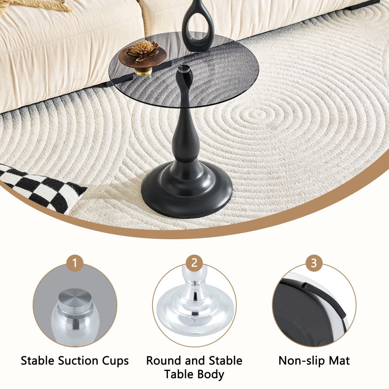 19.6" Round Side Table, Gray Tempered Glass Top with Silver Metal Base, Modern End Table, Nightstand, Sofa Table for Living Room Bedroom