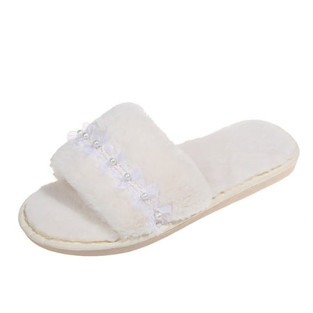 

Youmylove Women Slide Slippers Fashion Casual Round Toe Flats Flock Lace Slippers Slip On Shoes Leisure Comfort Cozy Daily Walking