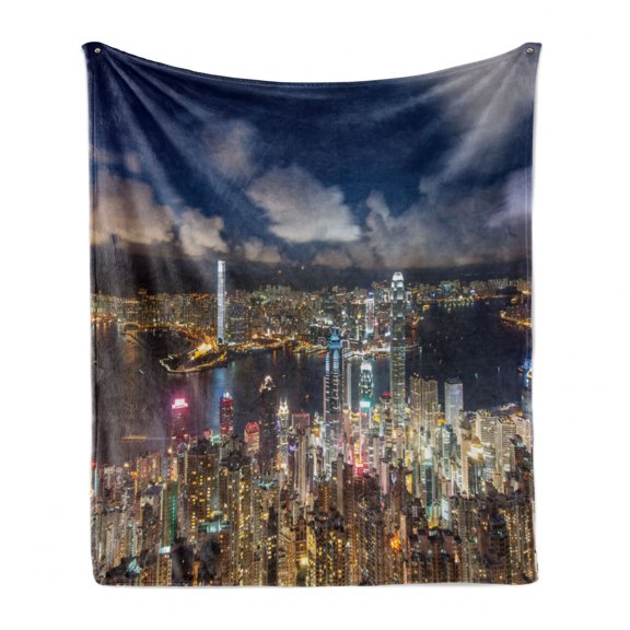 Cityscape Soft Flannel Fleece Blanket, Night View Hong Kong Victoria Harbor Business Financial District Cityscape Print, Cozy Plush for Indoor and Outdoor Use, 50" x 60", Navy White, by Ambesonne