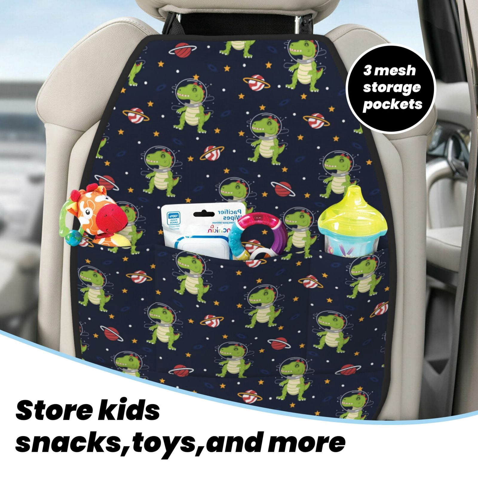 Kdxio Dinosaur Astronaut Print 2 Pack Car Kick Mat Seat Cover Back Protector Mat with Pockets for Organizer Backseat Protector and Storage Anti Kick Pad for Vehicles