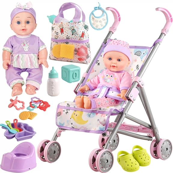 Aijohnny Baby Doll Stroller Toys Set with 12" Baby Doll, Doll Accessories and 2 Sets Doll Clothes, Baby Doll Toys for Kids 3-8 Gifts