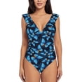 thumbnail image 3 of Uemuo Blue Butterfly Pattern Women's Tummy Control Swimsuits Slimming One Piece Bathing Suit Ruffle V Neck Swimwear-Small, 3 of 8