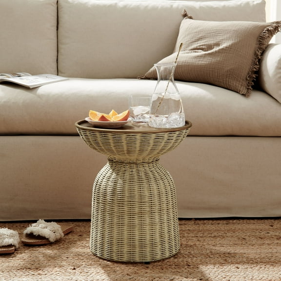 Modway Lazaro Round Rattan Side Table in Burnished Brass Natural by Modway
