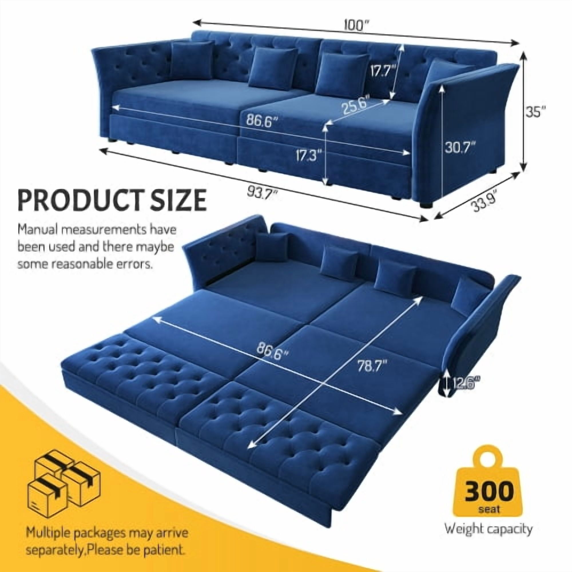 74.4" Queen Pull Out Sofa Bed, Convertible Sleeper Sofa with Handmade Fabric Flower Tufted Design, Multi-Functional Velvet Loveseat Bed for Living Room, Bedroom, Blue